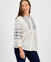 Style & Co Petite Embroidered Button-Front Long-Sleeve Top, Created for Macy's