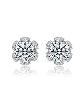 Genevive Sterling Silver White Gold Plated with Clear Cubic Zirconia Flower Halo Stud Earrings