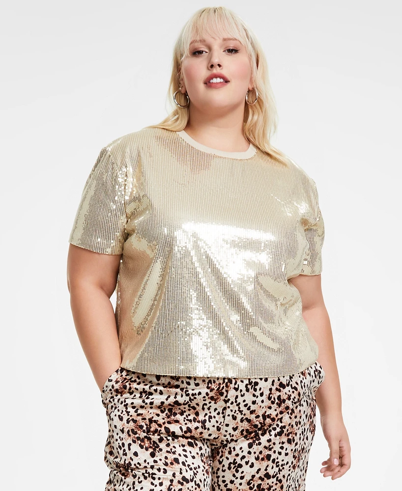 Bar Iii Trendy Plus Short-Sleeve Boxy Cropped Sequin Top, Created for Macy's