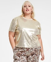 Bar Iii Trendy Plus Short-Sleeve Boxy Cropped Sequin Top, Created for Macy's