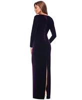 Xscape Women's Boat-Neck Long-Sleeve Ruched Velvet Dress