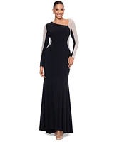 Xscape Women's Asymmetrical Rhinestone-Mesh-Sleeve Gown