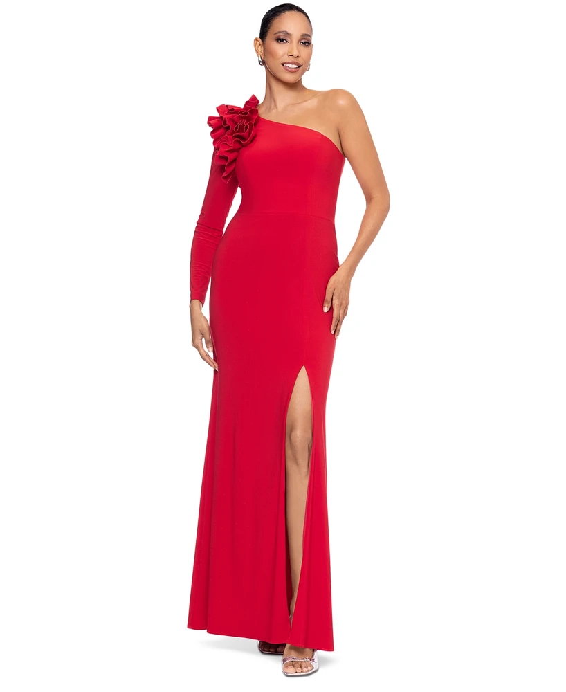 Xscape Women's Single-Sleeve Ruffle-Trim Evening Gown