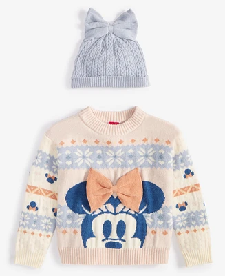 Disney Toddler & Little Girls Minnie Mouse Intarsia Sweater & Cable-Knit Beanie, 2 Piece Set