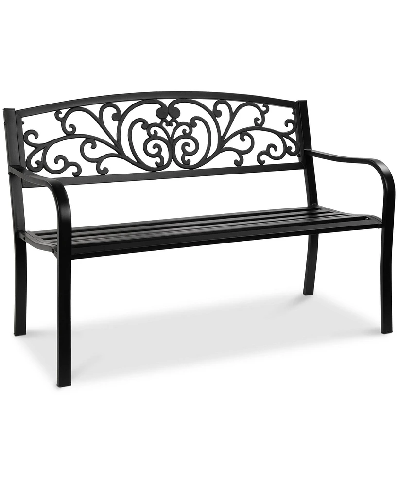 Best Choice Products Outdoor Steel Bench Garden Patio Porch Furniture w/ Floral Design Backrest, Slatted Seat