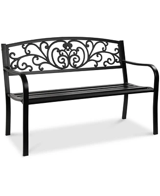 Best Choice Products Outdoor Steel Bench Garden Patio Porch Furniture w/ Floral Design Backrest, Slatted Seat