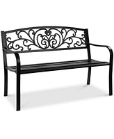 Best Choice Products Outdoor Steel Bench Garden Patio Porch Furniture w/ Floral Design Backrest, Slatted Seat