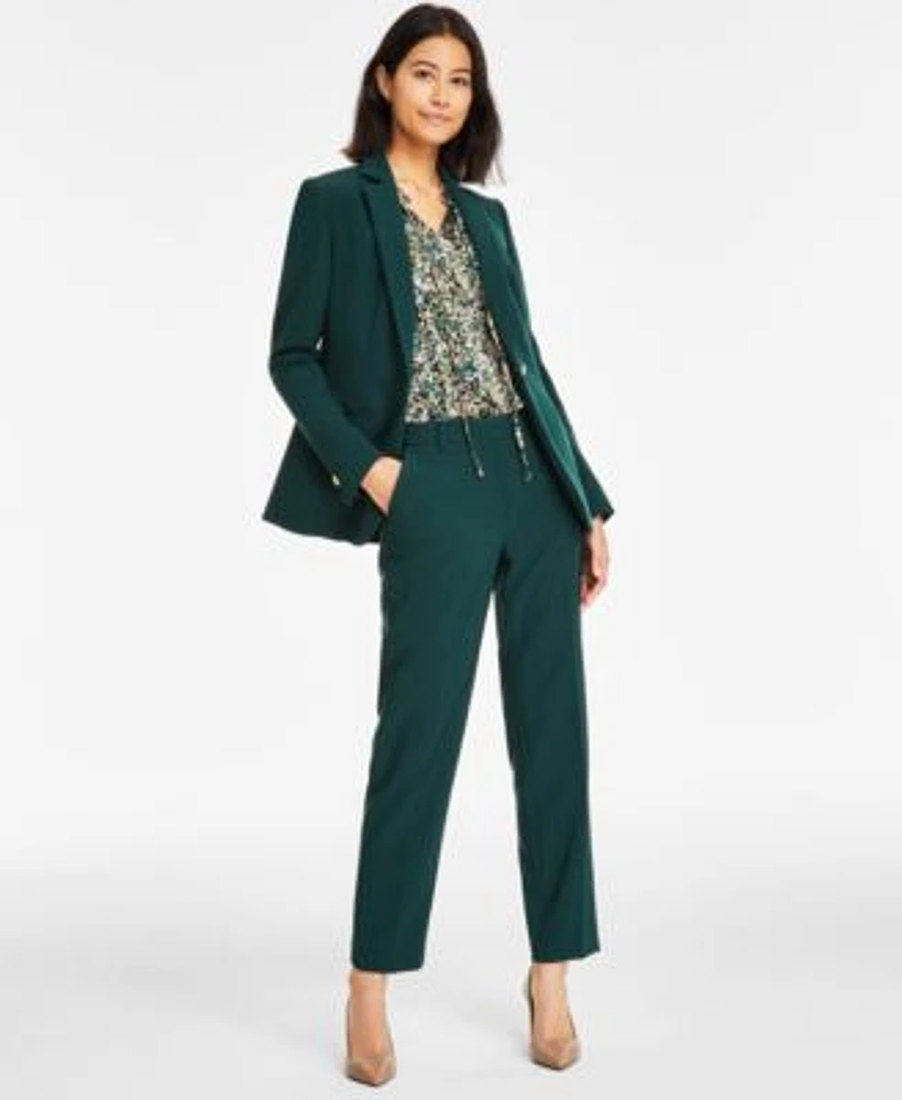 Anne Klein Womens Tulla Printed Tie Neck Blouse Mid Rise Straight Leg Ankle Pants Notch Collar One Button Jacket