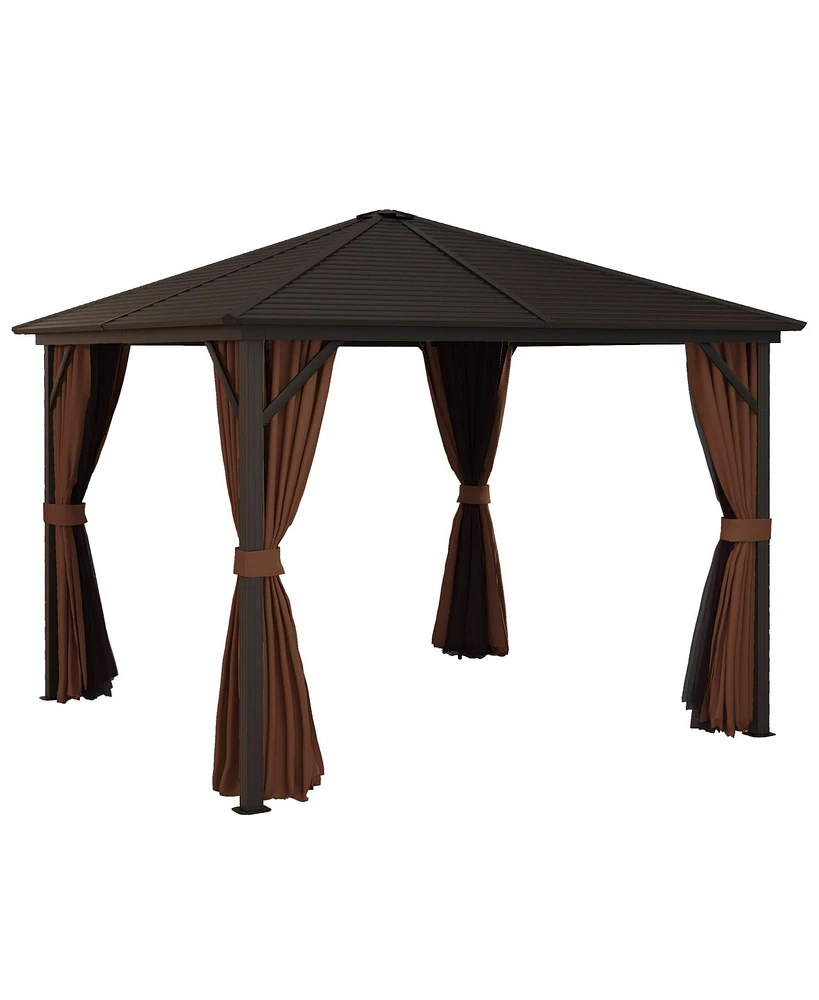 Outsunny 10' x Aluminum Hardtop Gazebo Canopy with Hook, Curtains, Dark Brown