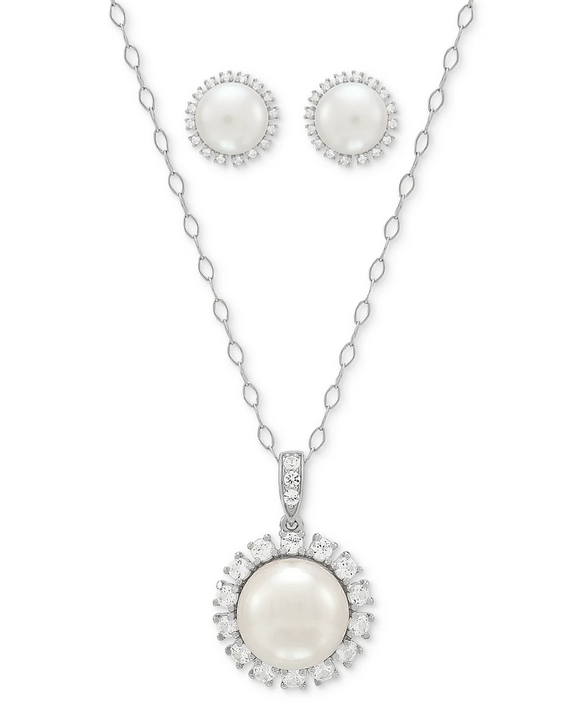 2-Pc. Set Cultured Freshwater Button Pearl (8 & 10mm) & Lab Created White Sapphire (7/8 ct. t.w.) Halo Pendant Necklace & Matching Stud Earrings in St