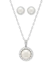 2-Pc. Set Cultured Freshwater Button Pearl (8 & 10mm) & Lab Created White Sapphire (7/8 ct. t.w.) Halo Pendant Necklace & Matching Stud Earrings in St