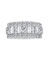 Bling Jewelry Channel Set Cz Alternating Round Baguette Wide Couples Art Deco Style Band Ring For Women .925 Sterling Silver 9MM