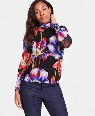 I.n.c. International Concepts Women's Floral Mesh Turtleneck Top, Created for Macy's