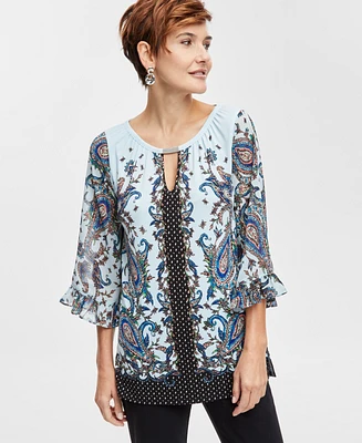 Jm Collection Women's Printed Ruffle Chiffon-Sleeve Top, Created for Macy's