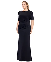 Xscape Plus Pleated-Waist Studded-Sleeve Gown