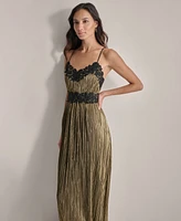 Dkny Women's Pleated Metallic Lace-Trim Sleeveless Gown