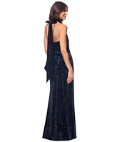 Betsy & Adam Women's Cowlneck Halter Sleeveless Velvet Gown