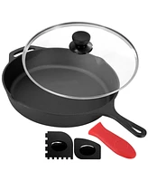 Megachef 12 Inch Pre-Seasoned Cast Iron Skillet with Tempered Glass Lid