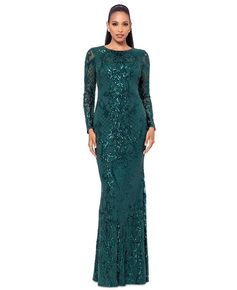 Betsy & Adam Petite Sequinned Mesh-Sleeve Evening Gown