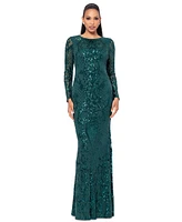 Betsy & Adam Petite Sequinned Mesh-Sleeve Evening Gown