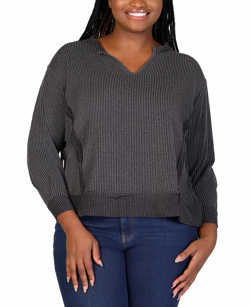 24seven Comfort Apparel Plus Relaxed Fit Rib Knit V-Neck Top