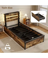 Gymax Twin Size Bed Frame w/ Drawers Led Lights Outlets & Usb Ports Smart App Control