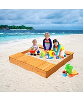 Costway Kids Cedar Sandbox w/ Storage Boxes & Bench Seats Children Outdoor Playset Backyard