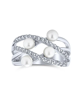 Bling Jewelry Crossover Criss Cross Stacking Style Fashion Statement White Pearl Band Ring For Women .925 Sterling Silver