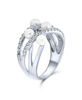 Bling Jewelry Crossover Criss Cross Stacking Style Fashion Statement White Pearl Band Ring .925 Sterling Silver