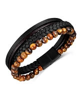 Rhona Sutton Black Tigers Eye Weaved Leather Stainless Steel Bracelet