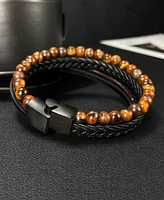 Rhona Sutton Black Tigers Eye Weaved Leather Stainless Steel Bracelet