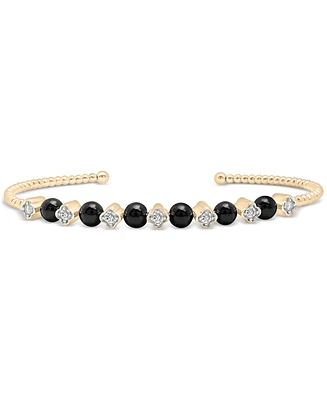 Lab Grown Onyx Bead (4mm) & White Topaz (1/3 ct. t.w.) Cuff Bangle Bracelet in 14k Gold-Plated Sterling Silver