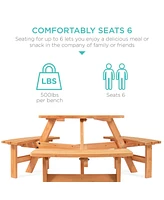 Best Choice Products 6-Person Circular Outdoor Wooden Picnic Table w/ 3 Built-In Benches, Umbrella Hole