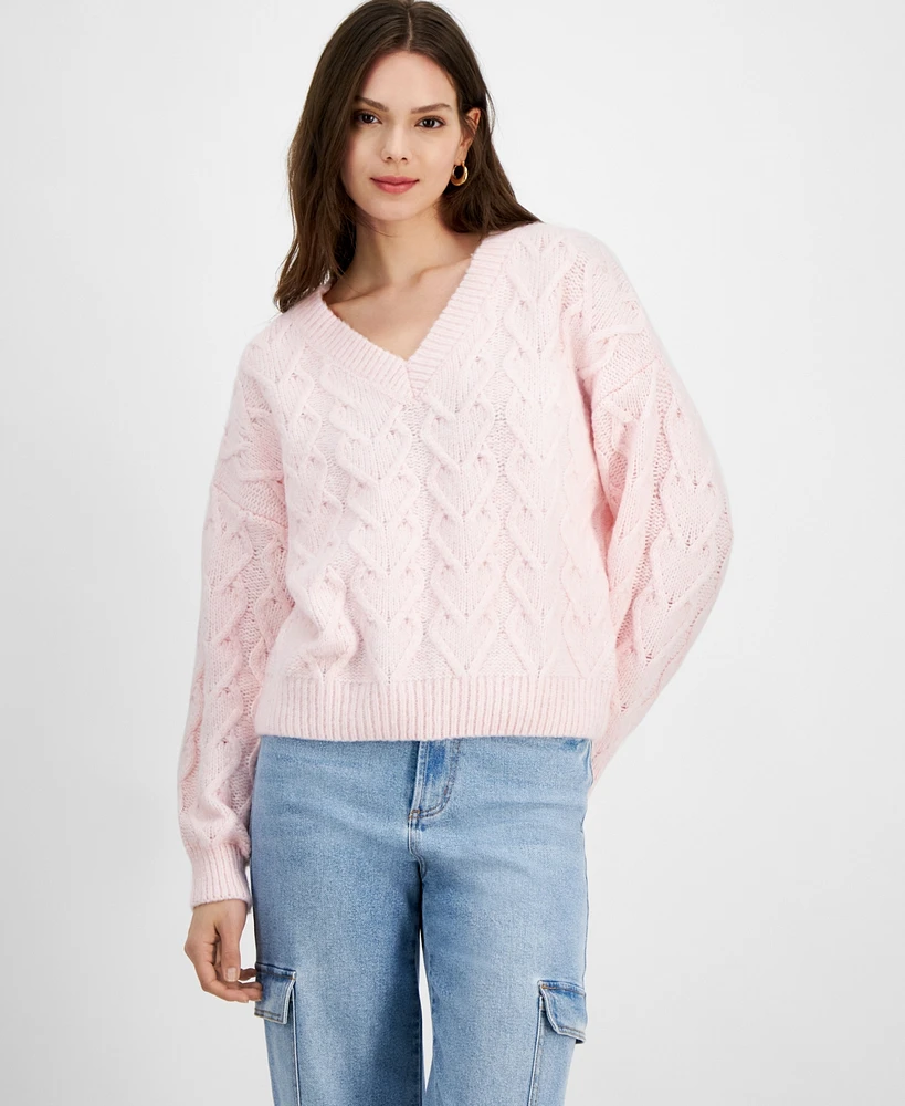 Juniors' Heart Cable-Knit V-Neck Sweater