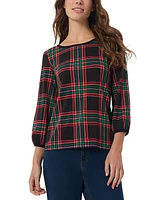 Jones New York Petite Plaid 3/4-Sleeve Crewneck Top