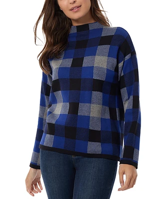 Jones New York Petite Plaid Jacquard Mock Neck Sweater