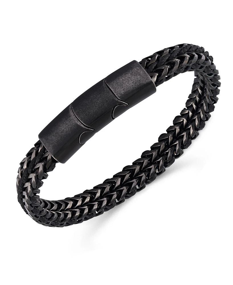 Rhona Sutton Black Gun Metal Leather Chain Stainless Steel Bracelet