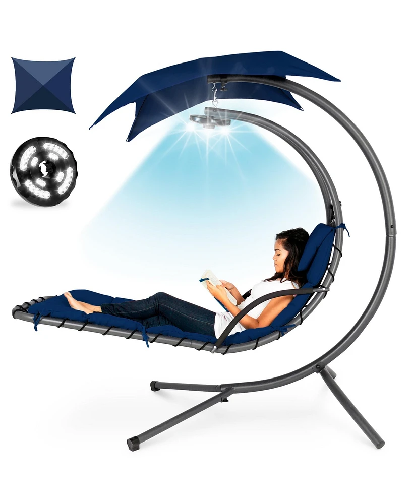 Best Choice Products Hanging Led-Lit Curved Chaise Lounge Chair for Backyard, Patio w/ Pillow, Canopy, Stand