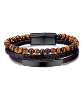 Rhona Sutton Black Tigers Eye Plated Leather Stainless Steel Bracelet