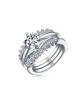 Bling Jewelry 1CT Round Solitaire Cz Band Inset Guard Enhancers promise Ring Set .925 Sterling Silver