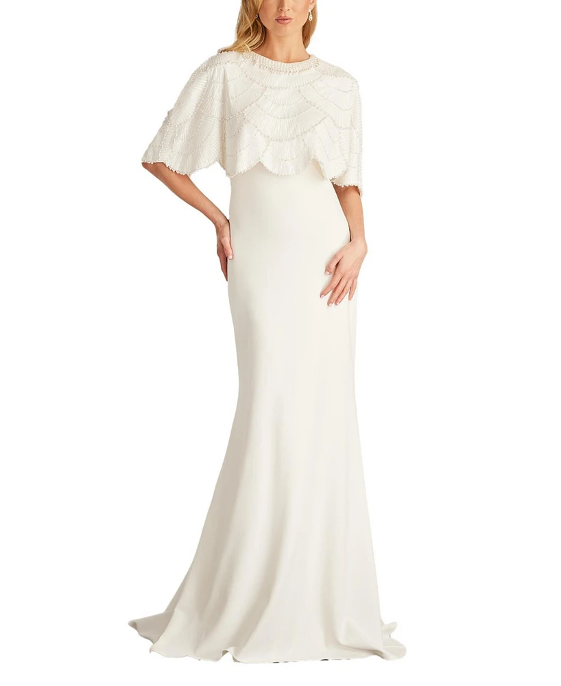 Tadashi Shoji Women's Reba Embellished Cape Overlay Bridal Gown