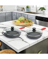 MegaChef Pre-Seasoned 6 Piece Cast Iron Skillet Set with Lids and Red Silicone Holders
