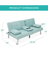 Best Choice Products Modern Linen Convertible Futon Sofa Bed w/ Removable Armrests, Metal Legs, Cupholders