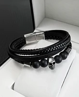 Rhona Sutton Silver Multi Leather Skull Stainless Steel Bracelet