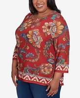 Alfred Dunner Plus Harvest Moon Floral Border Mesh Split Neck Top