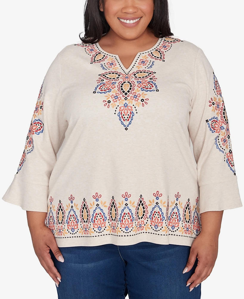 Alfred Dunner Plus Harvest Moon Medallion Embroidered Flutter Sleeve Top