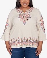 Alfred Dunner Plus Size Harvest Moon Medallion Embroidered Flutter Sleeve Top