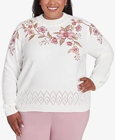 Alfred Dunner Plus Telluride Floral Embroidered White Chenille Sweater