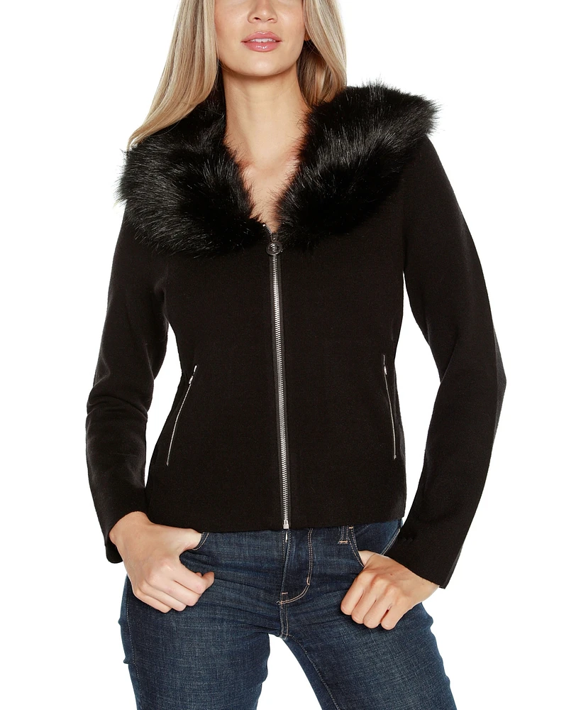 Belldini Women's Black Label Faux Fur Collar Short Zip Cardigan Sweater