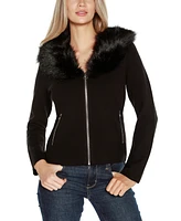 Belldini Black Label Women's Faux Fur Collar Short Zip Cardigan Sweater